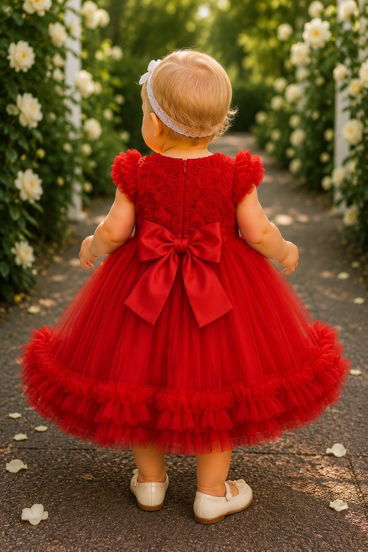 Tied at the back, the Red kids dress features a large bow.