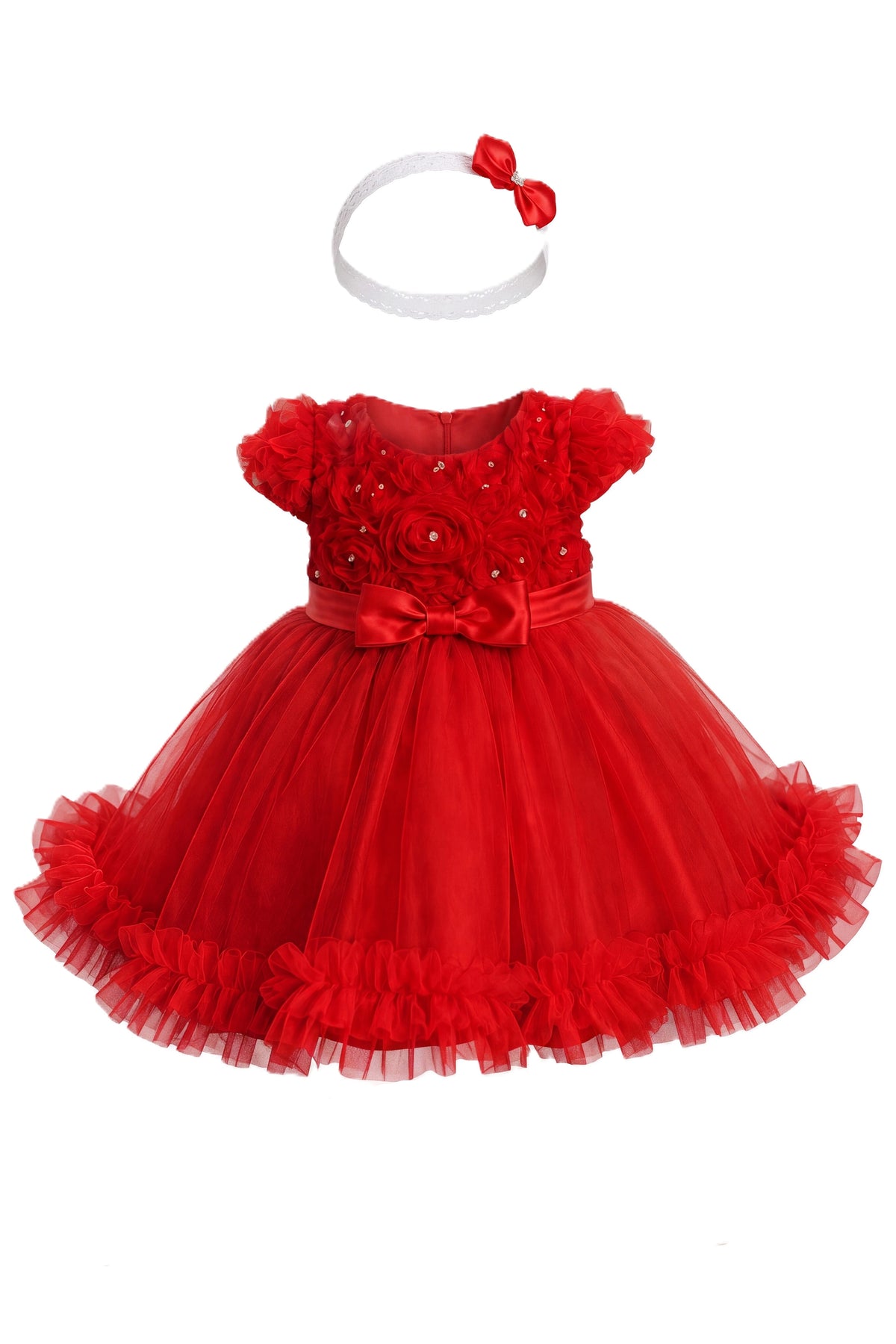 Layered shaping highlights rosette details across the bodice on the Red kids dress.
