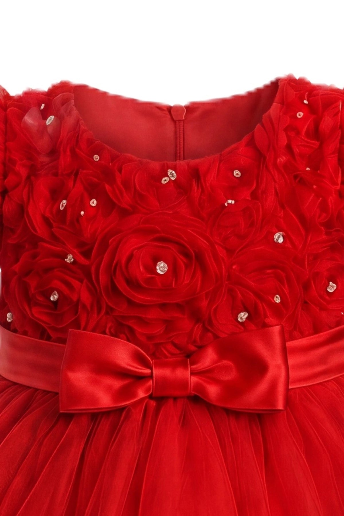 Detailed a ruffled tulle hem complements the Red kids dress.