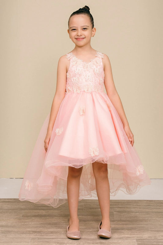 Featuring with a tiered high-low skirt, this Blush kids party dress displays elegant detail.