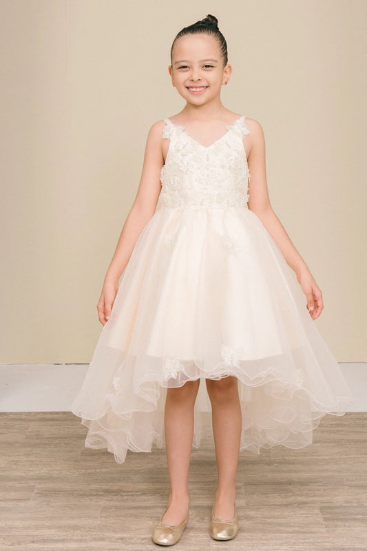 Showcasing with a tiered high-low skirt, this Champagne kids party dress displays elegant detail.