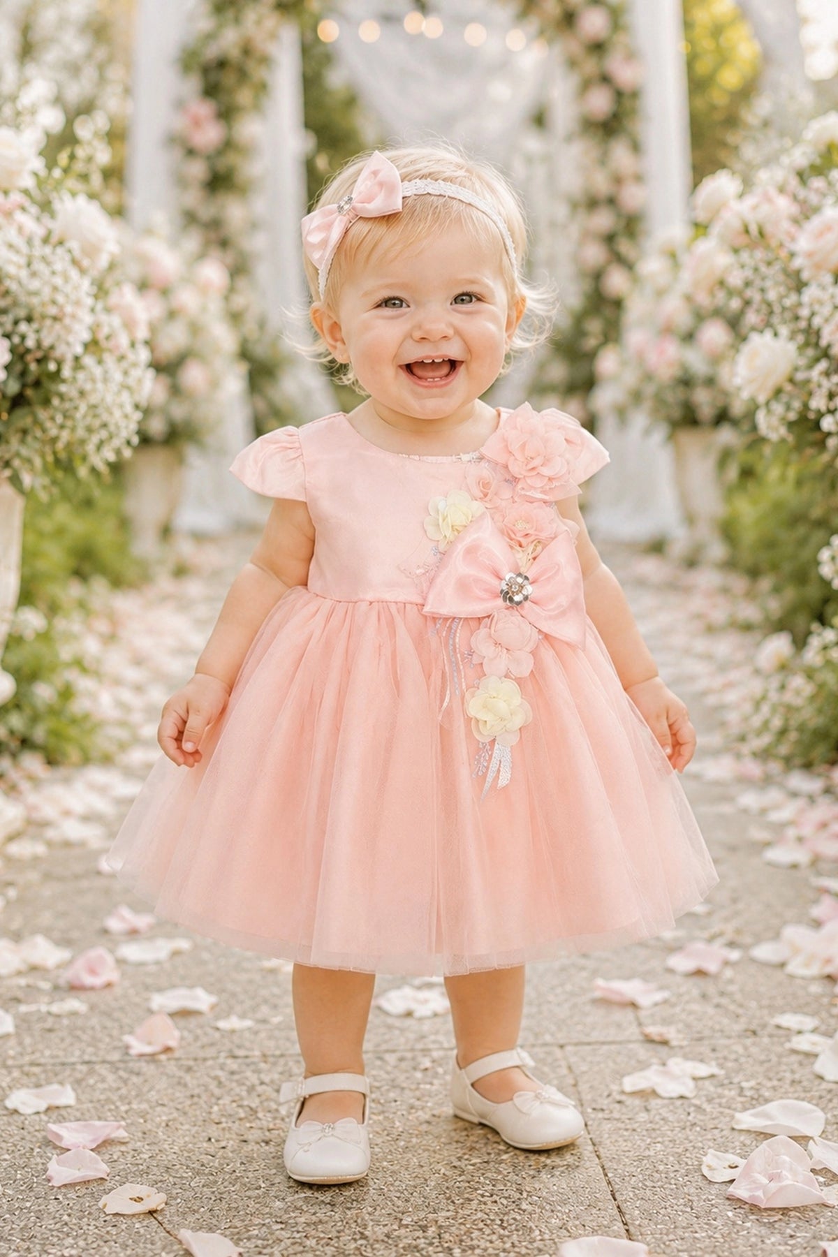 Showcasing flowers running down the front bodice, this Blush kids dress has a full skirt.