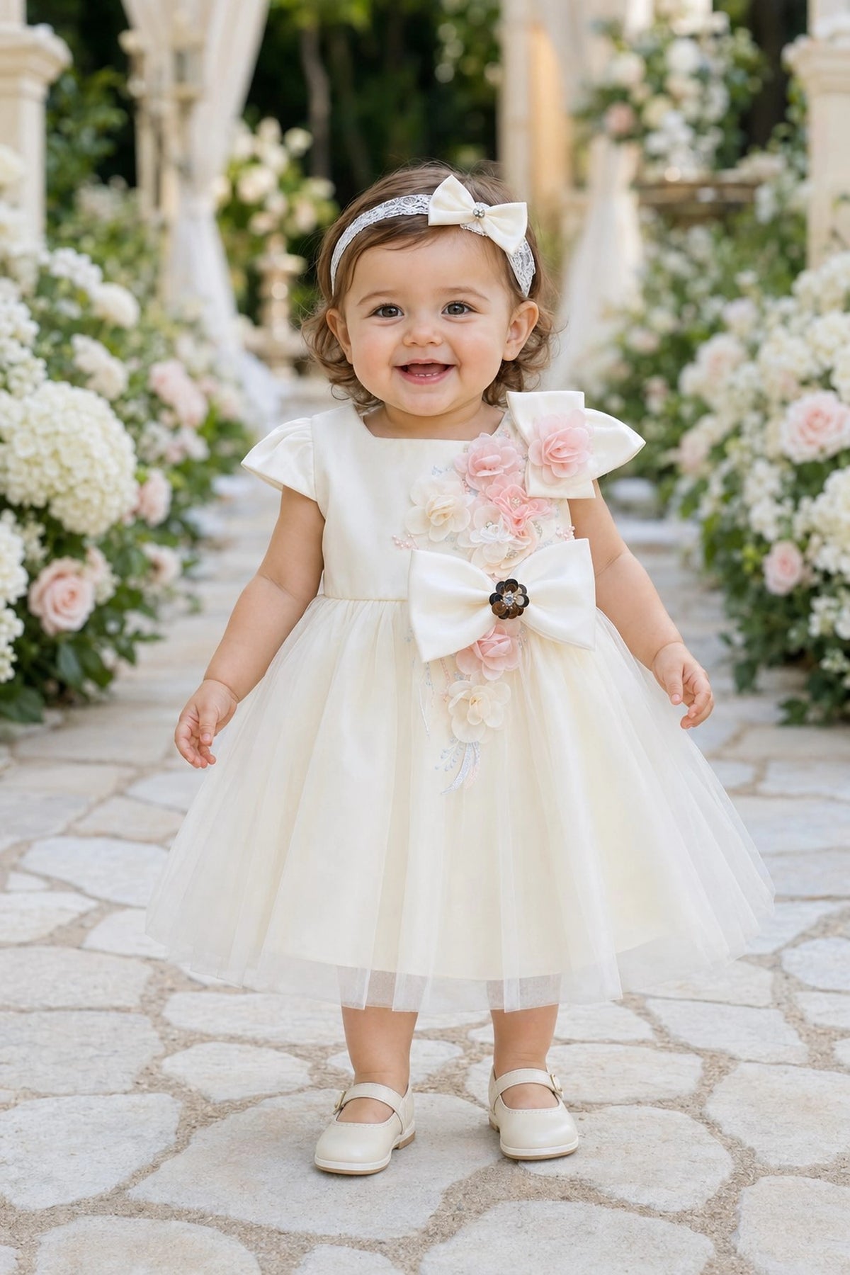 Showcasing flowers running down the front bodice, this Champagne kids dress has a full skirt.