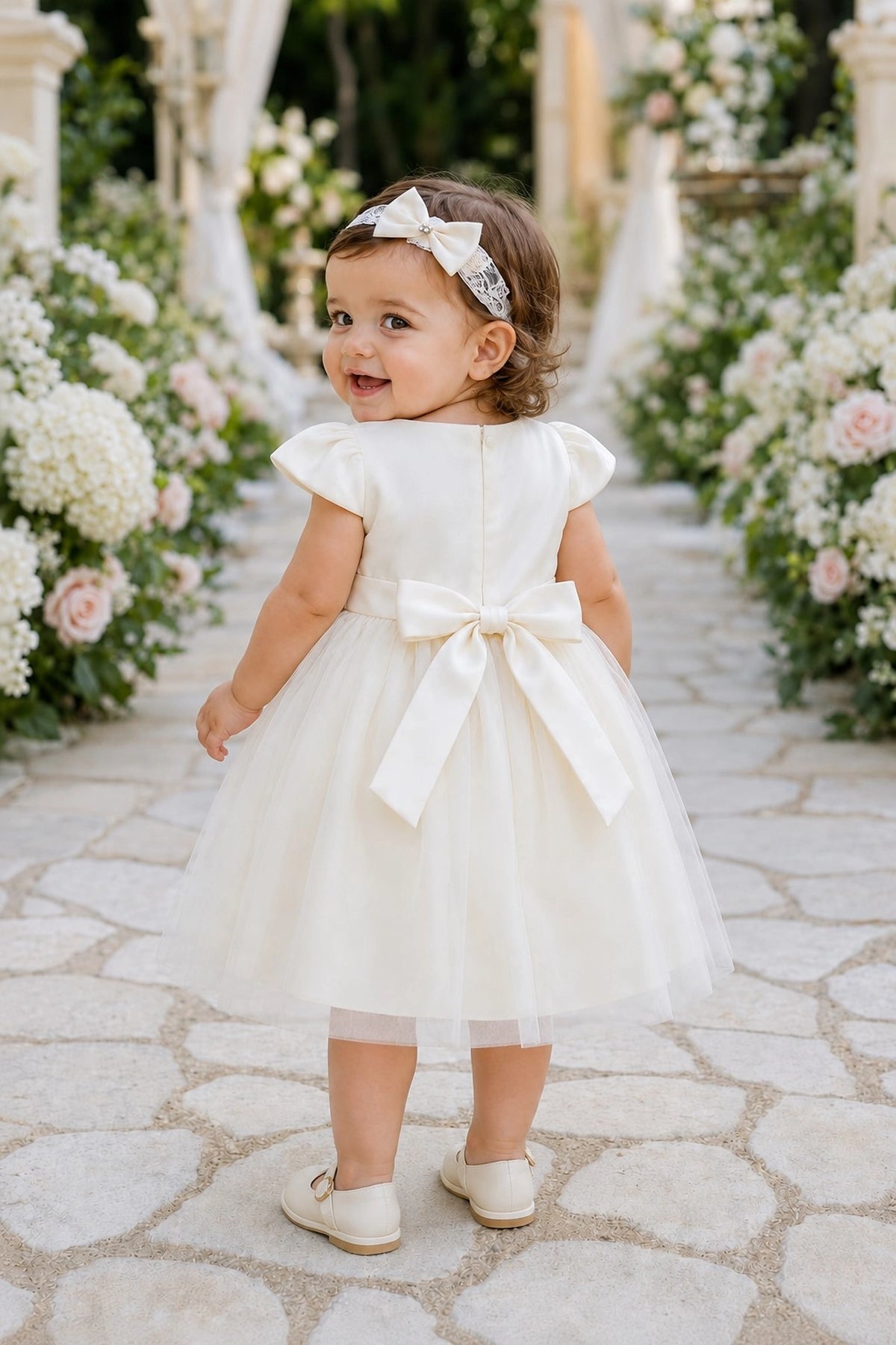 Tied at the back, the Champagne kids dress features a large bow.