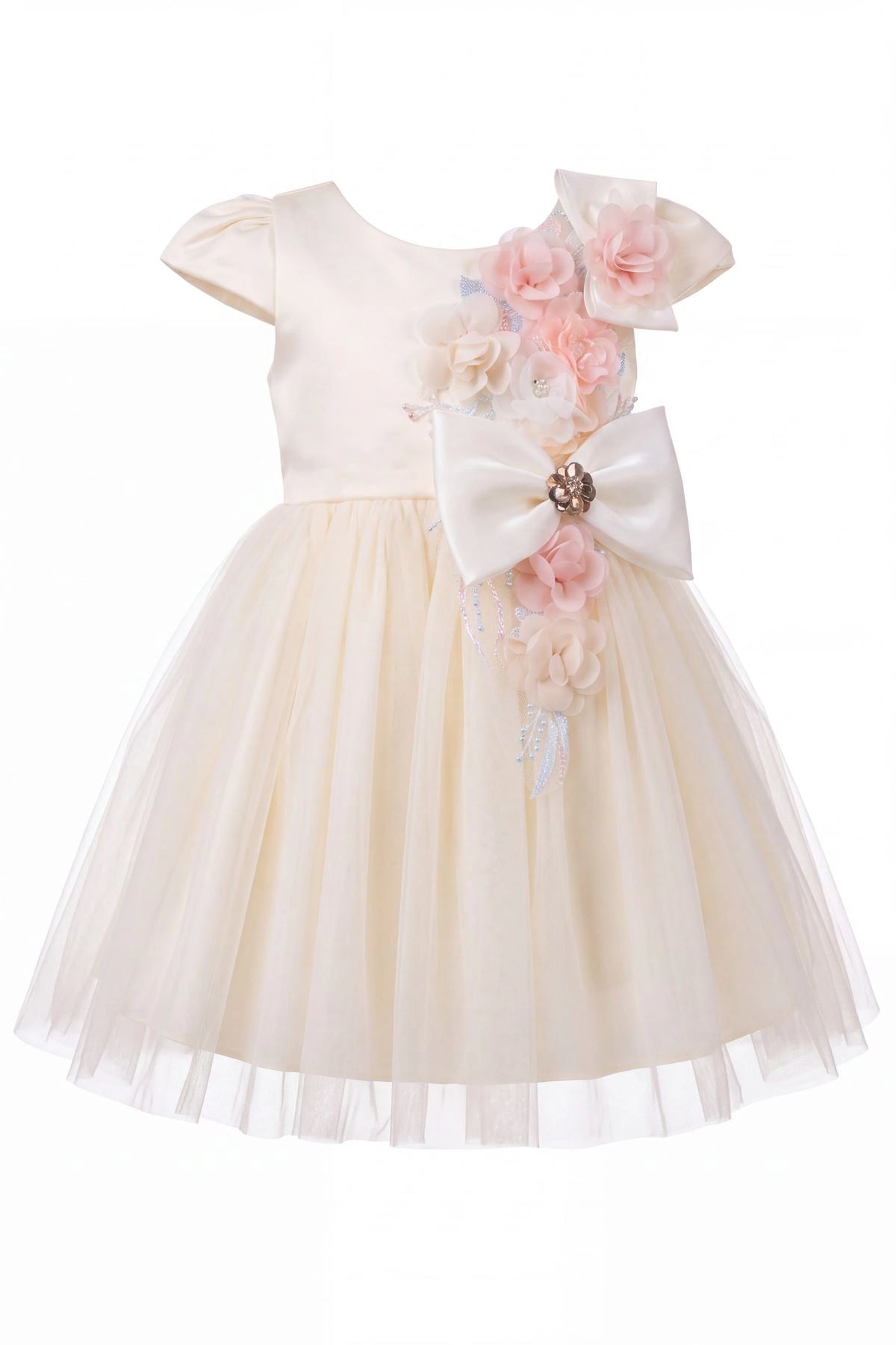 Layered shaping highlights flowers running down the front bodice on the Champagne kids dress.