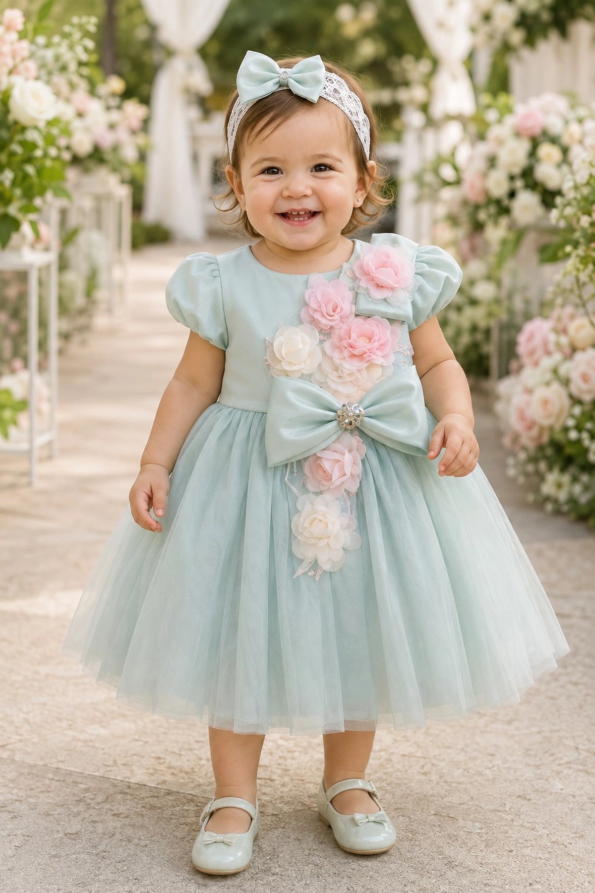 Showcasing flowers running down the front bodice, this Sage kids dress has a full skirt.