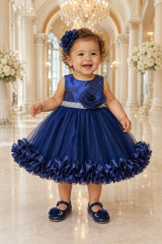 Showcasing rosette trim along the hem, this Navy kids dress has a full skirt.