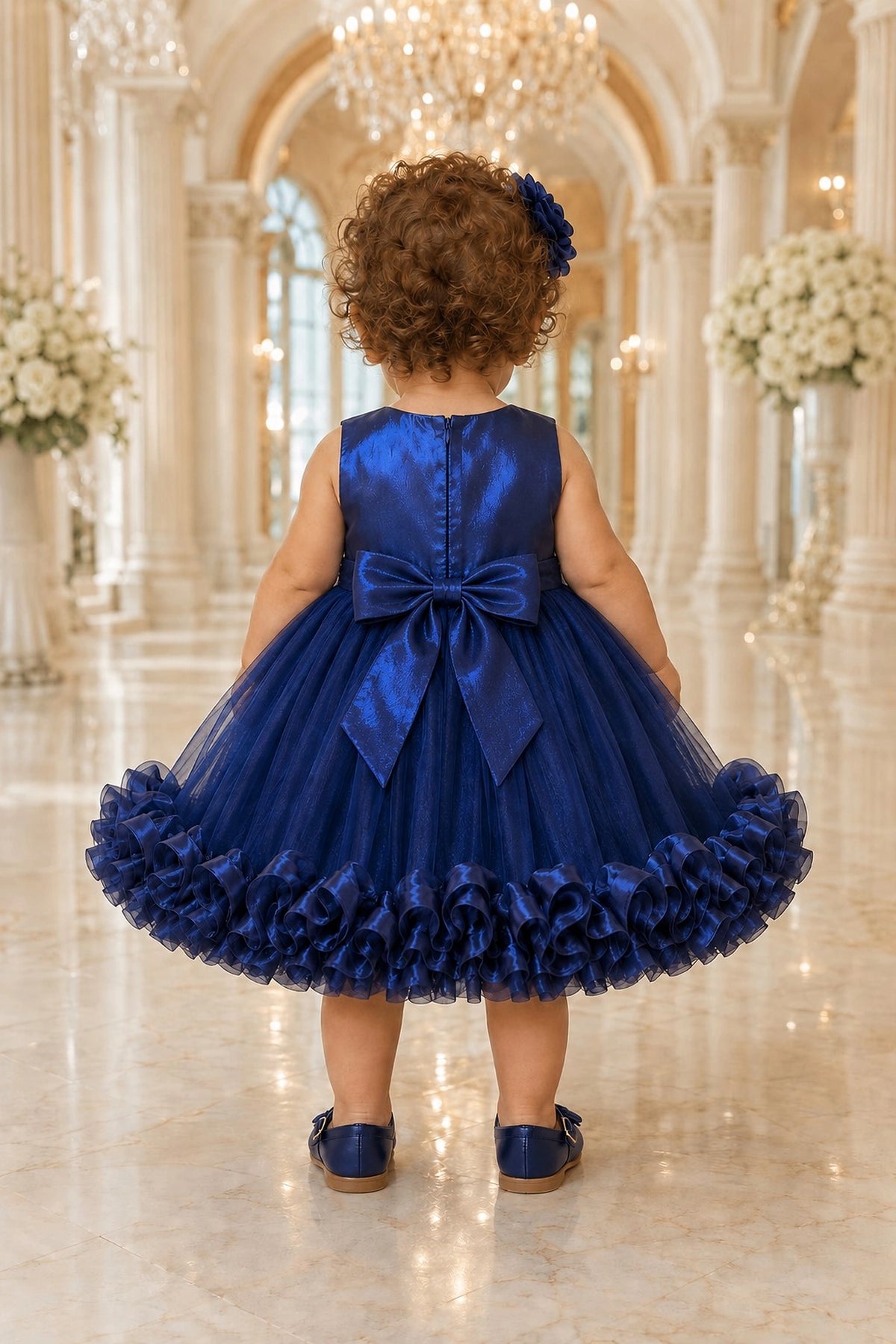 Tied at the back, the Navy kids dress features a large bow.