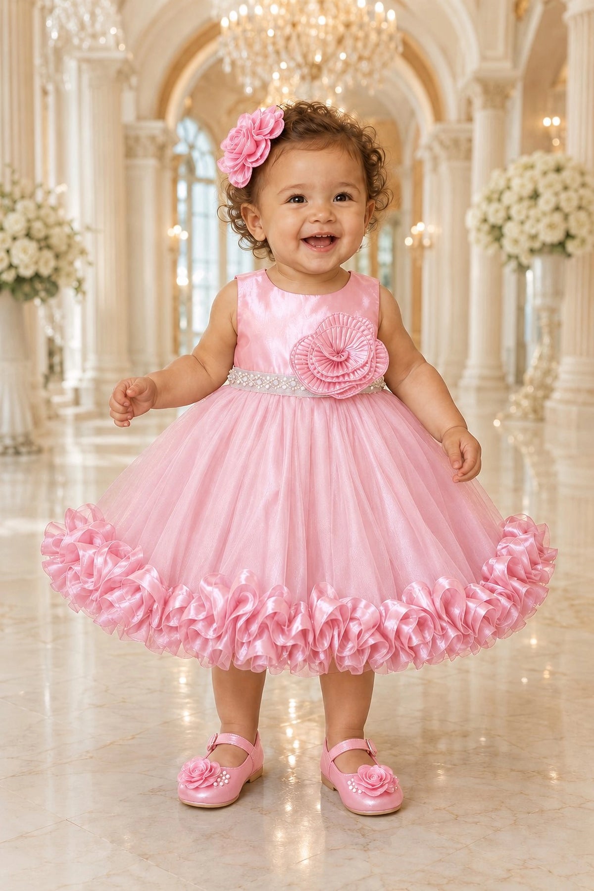 Showcasing rosette trim along the hem, this Pink kids dress has a full skirt.