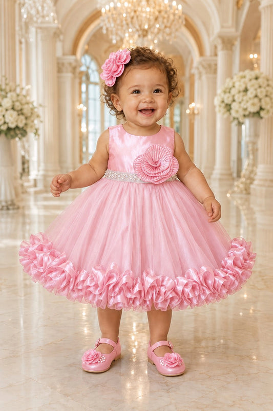 Showcasing rosette trim along the hem, this Pink kids dress has a full skirt.