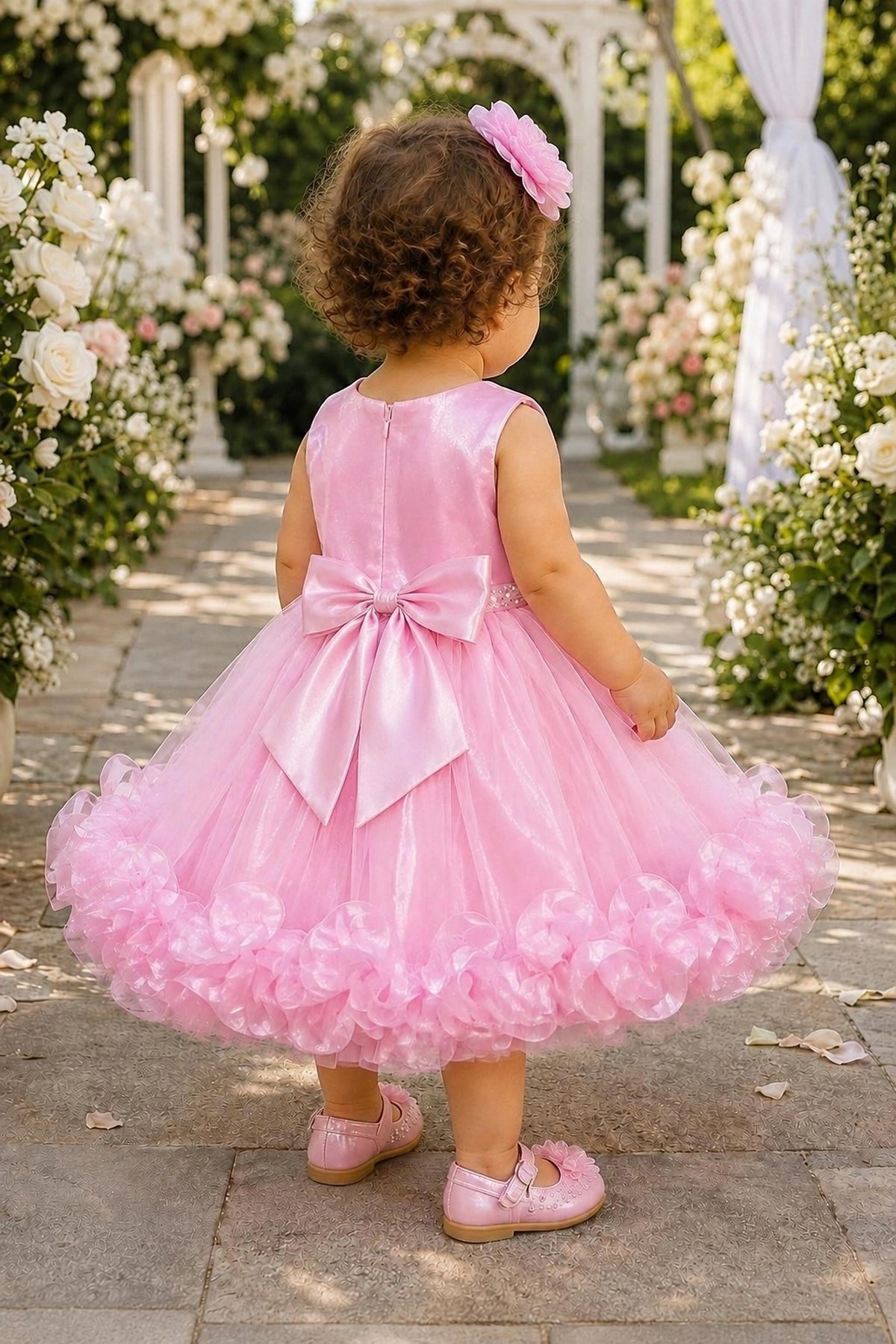 Tied at the back, the Pink kids dress features a large bow.