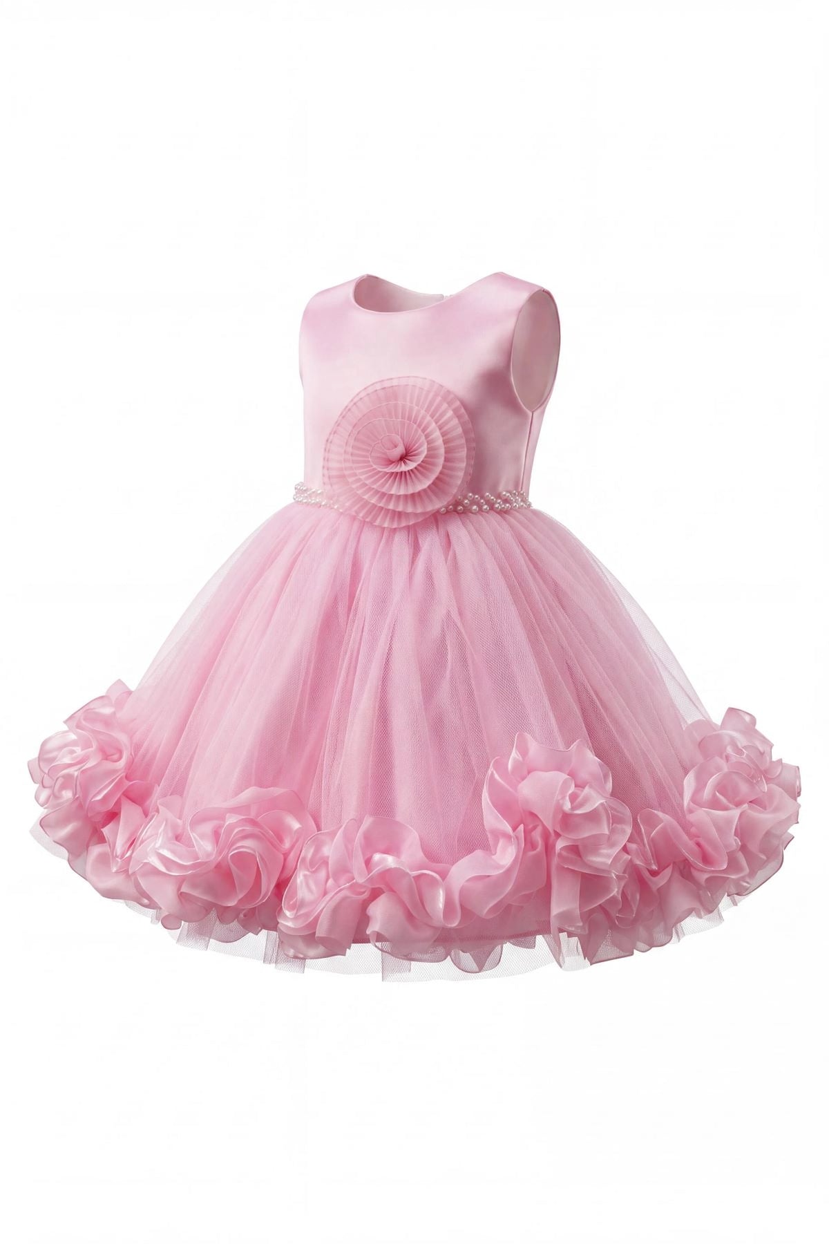 Layered shaping highlights rosette trim along the hem on the Pink kids dress.