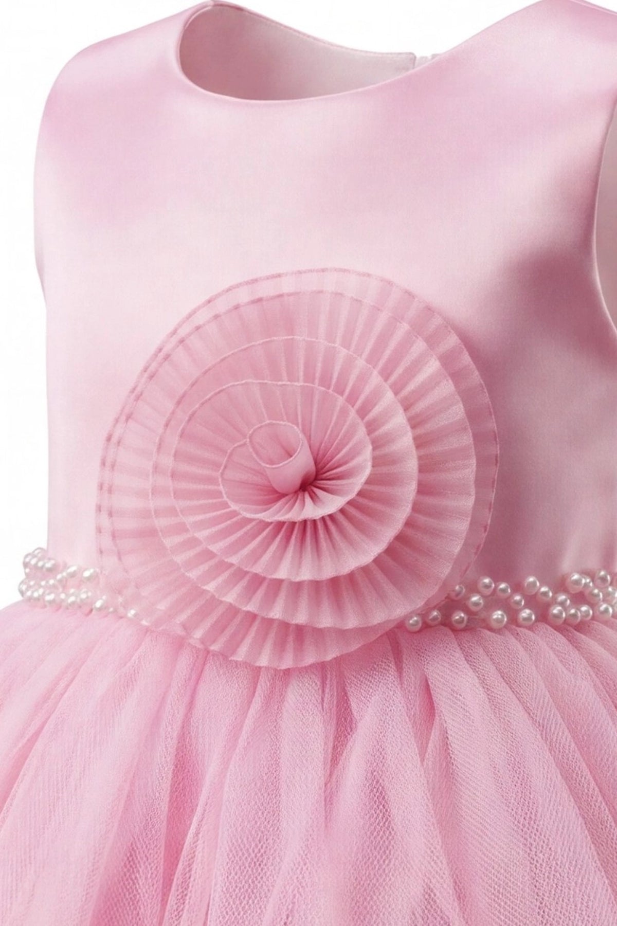 Detailed a pleated rosette at the waist complements the Pink kids dress.