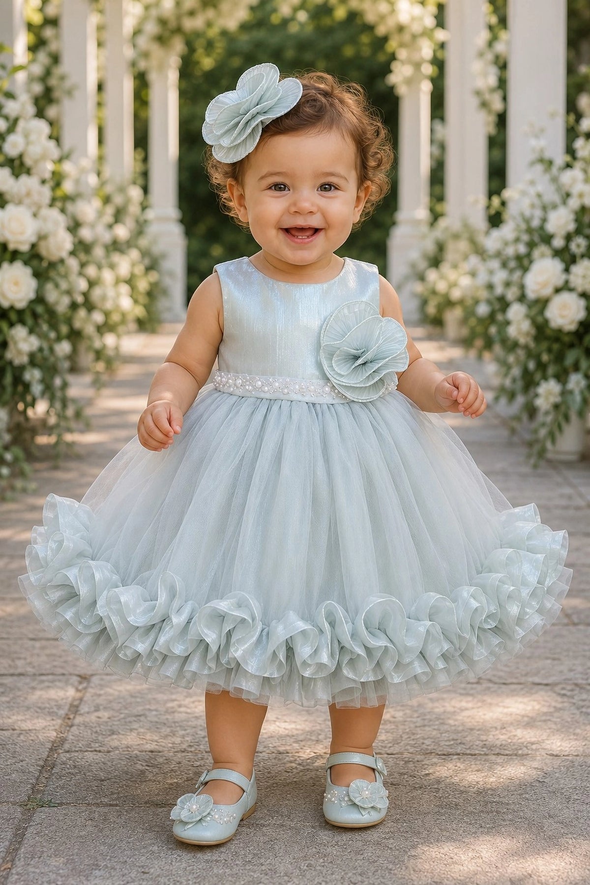 Showcasing rosette trim along the hem, this Sage kids dress has a full skirt.
