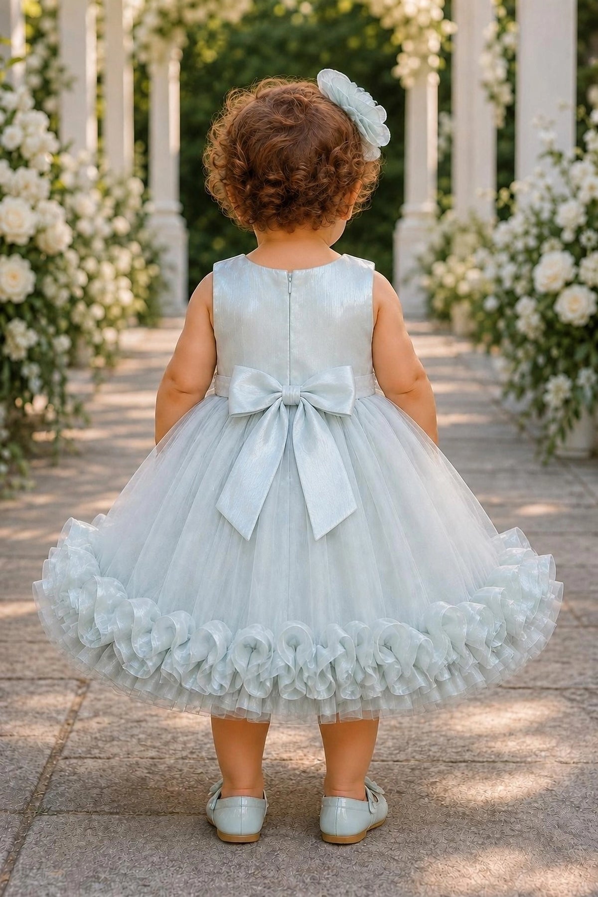 Tied at the back, the Sage kids dress features a large bow.