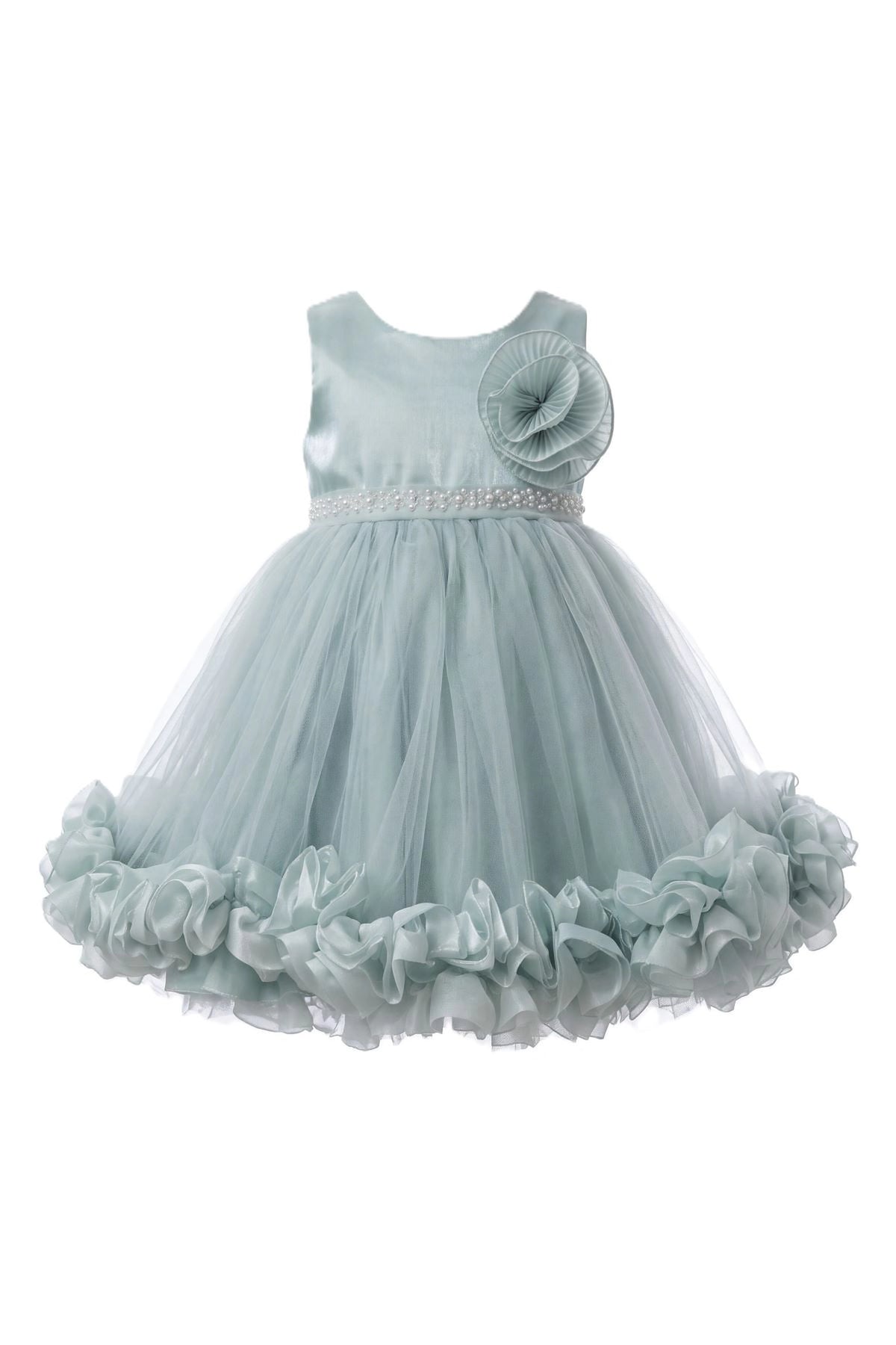 Layered shaping highlights rosette trim along the hem on the Sage kids dress.