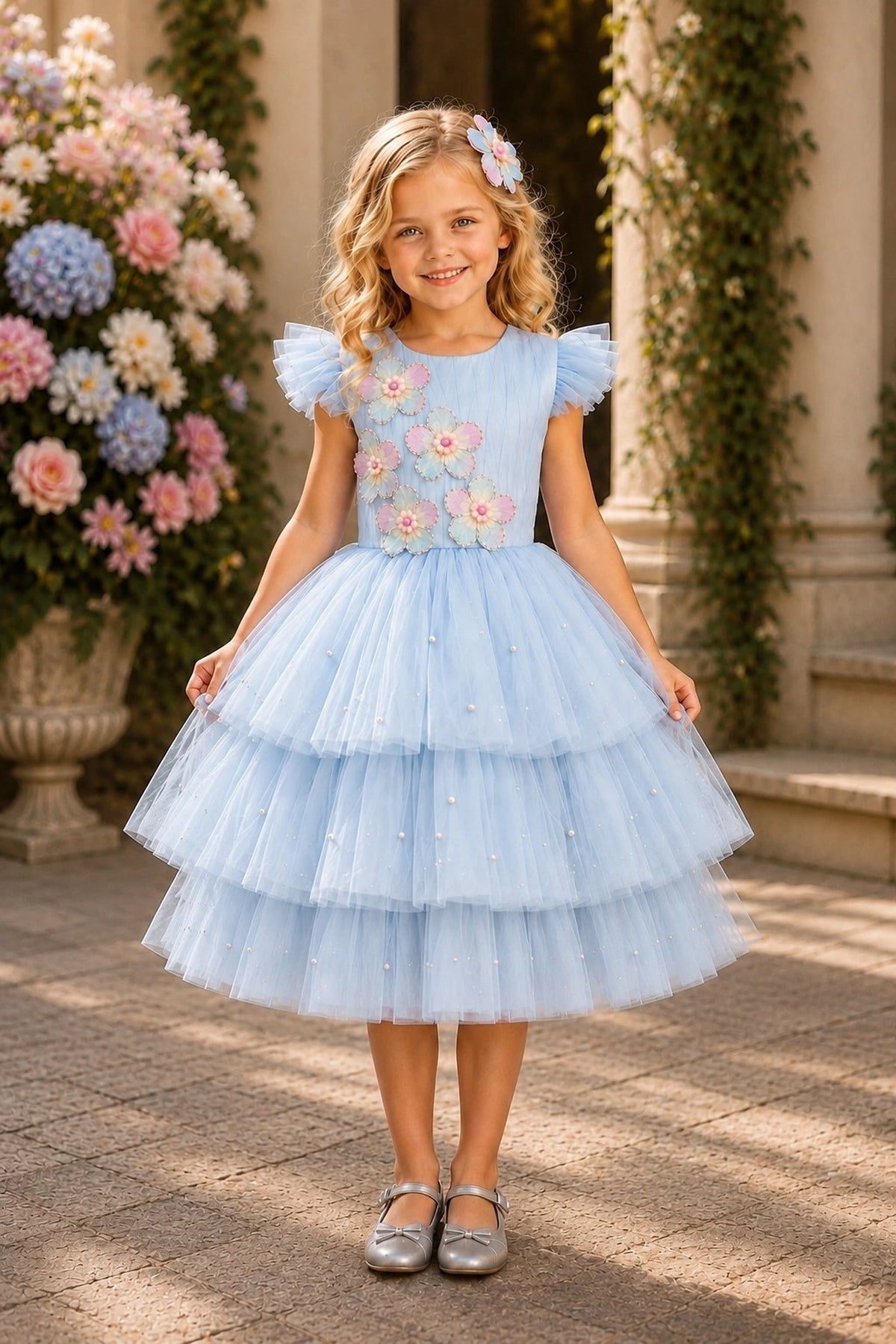 Showcasing three-dimensional flower appliques, this Blue kids dress has a full skirt.