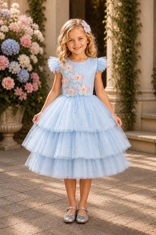 Showcasing three-dimensional flower appliques, this Blue kids dress has a full skirt.