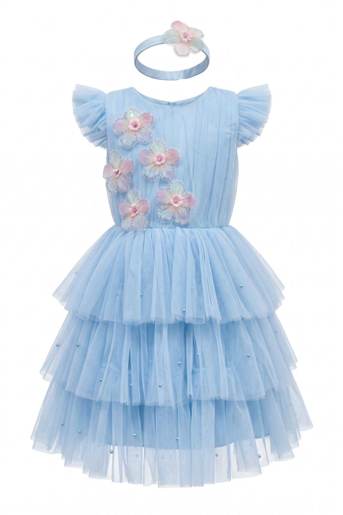 Layered shaping highlights three-dimensional flower appliques on the Blue kids dress.
