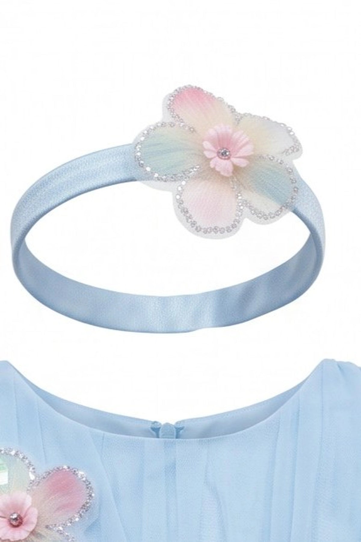 Matching bow headband accompanies the Blue kids dress with three-dimensional flower appliques.