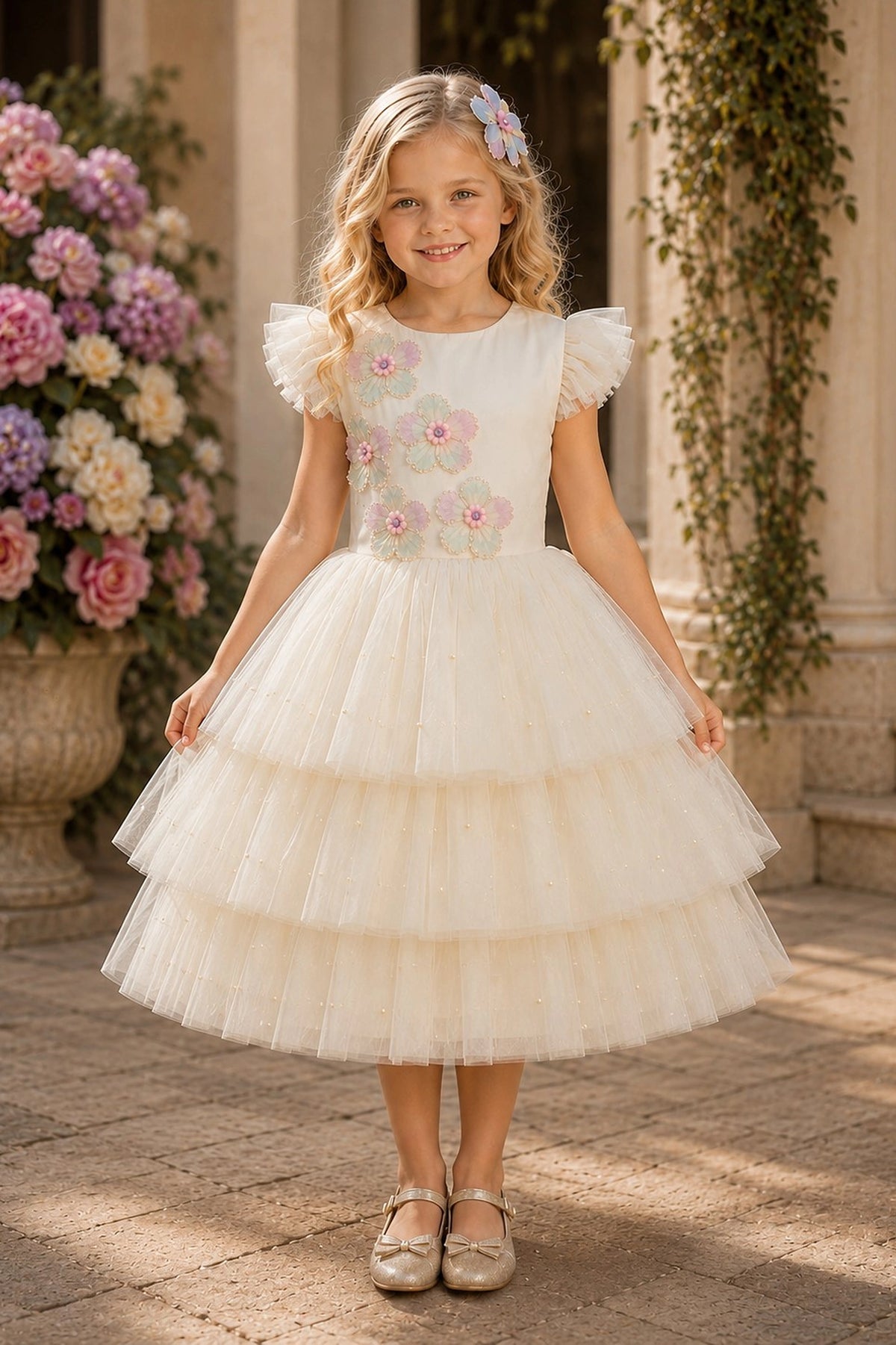 Showcasing three-dimensional flower appliques, this Champagne kids dress has a full skirt.