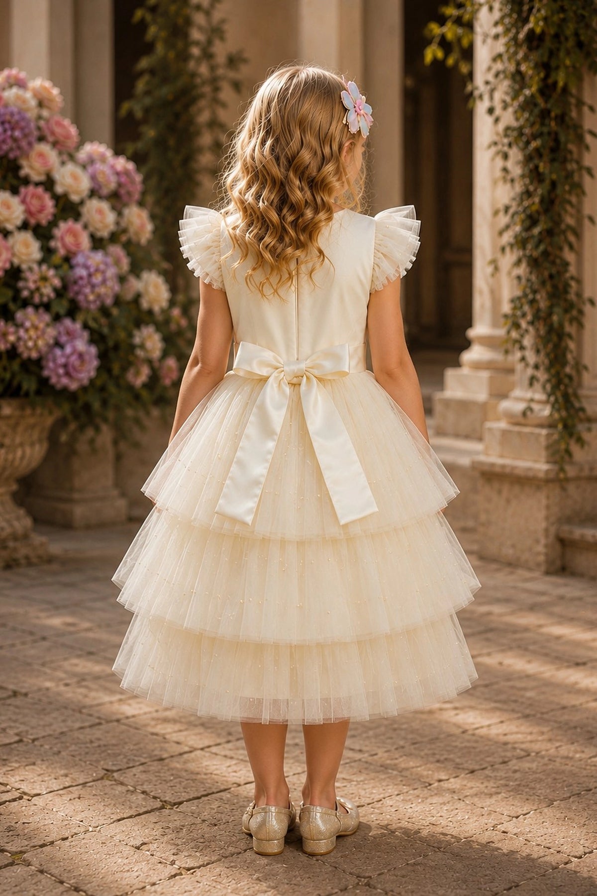 Tied at the back, the Champagne kids dress features a large bow.