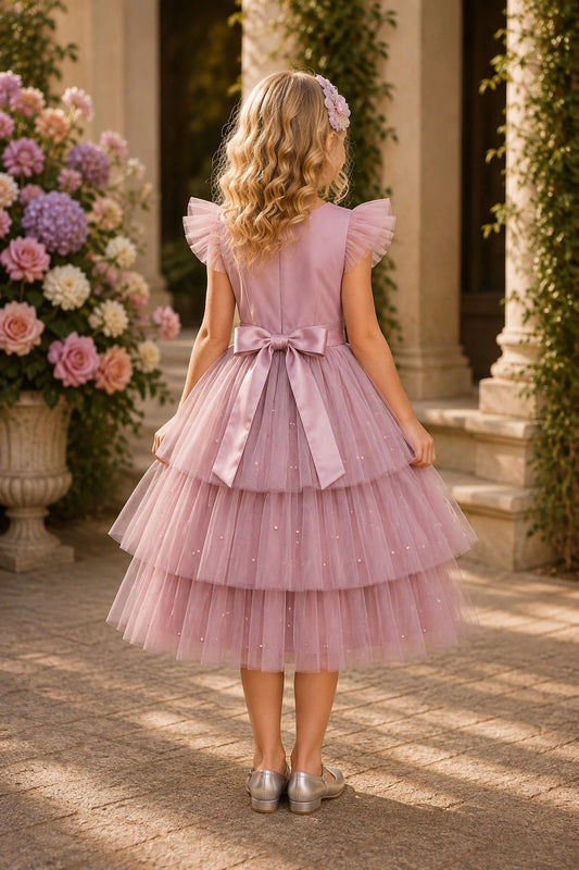 Tied at the back, the Rose kids dress features a large bow.