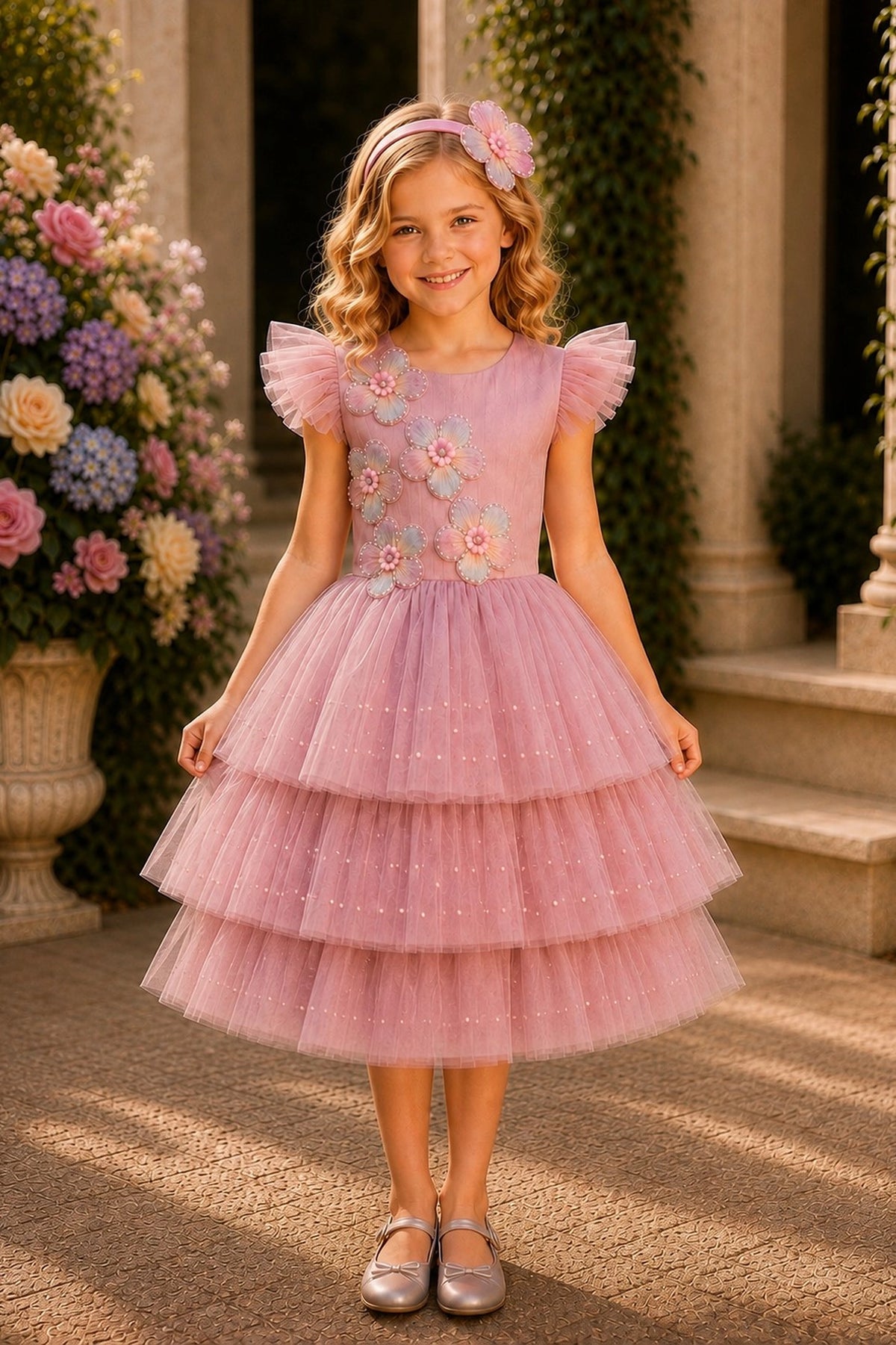 Showcasing three-dimensional flower appliques, this Rose kids dress has a full skirt.