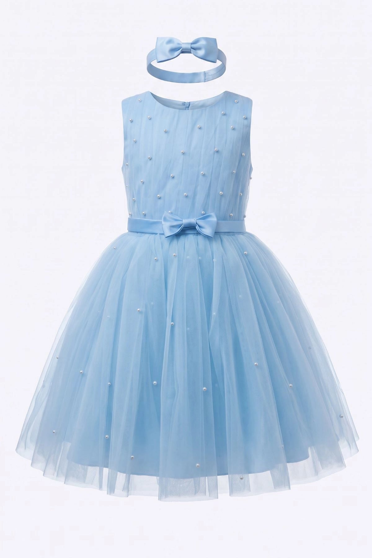 Layered shaping highlights pearl accents across the bodice on the Blue kids dress.