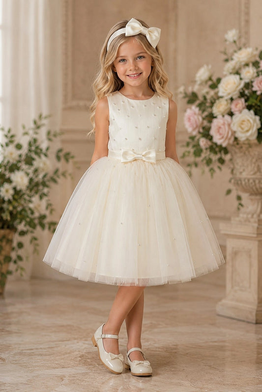 Showcasing pearl accents across the bodice, this Ivory kids dress has a full skirt.
