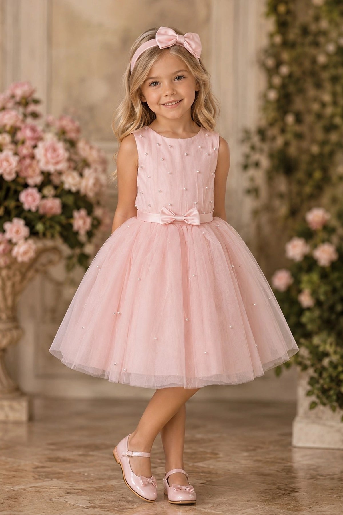 Showcasing pearl accents across the bodice, this Pink kids dress has a full skirt.