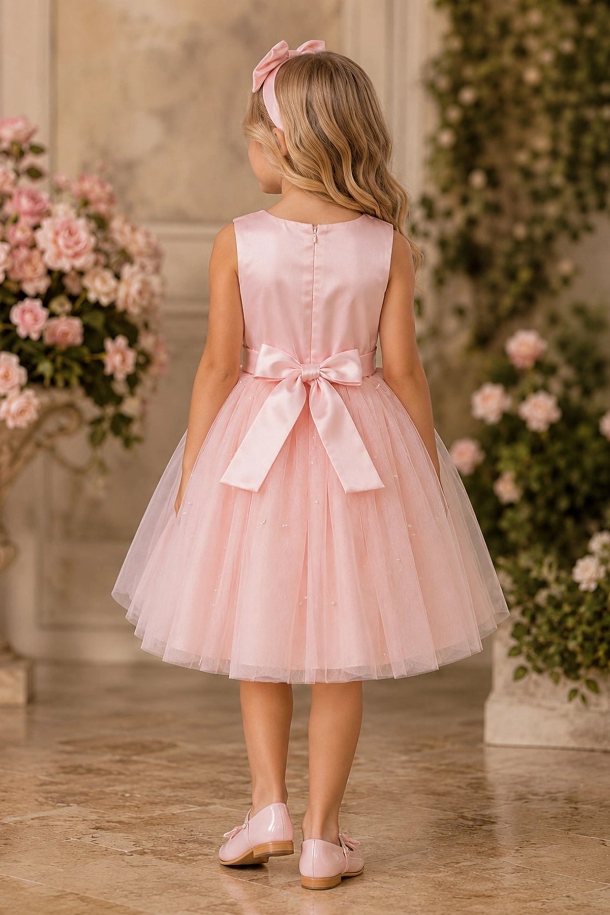 Tied at the back, the Pink kids dress features a large bow.