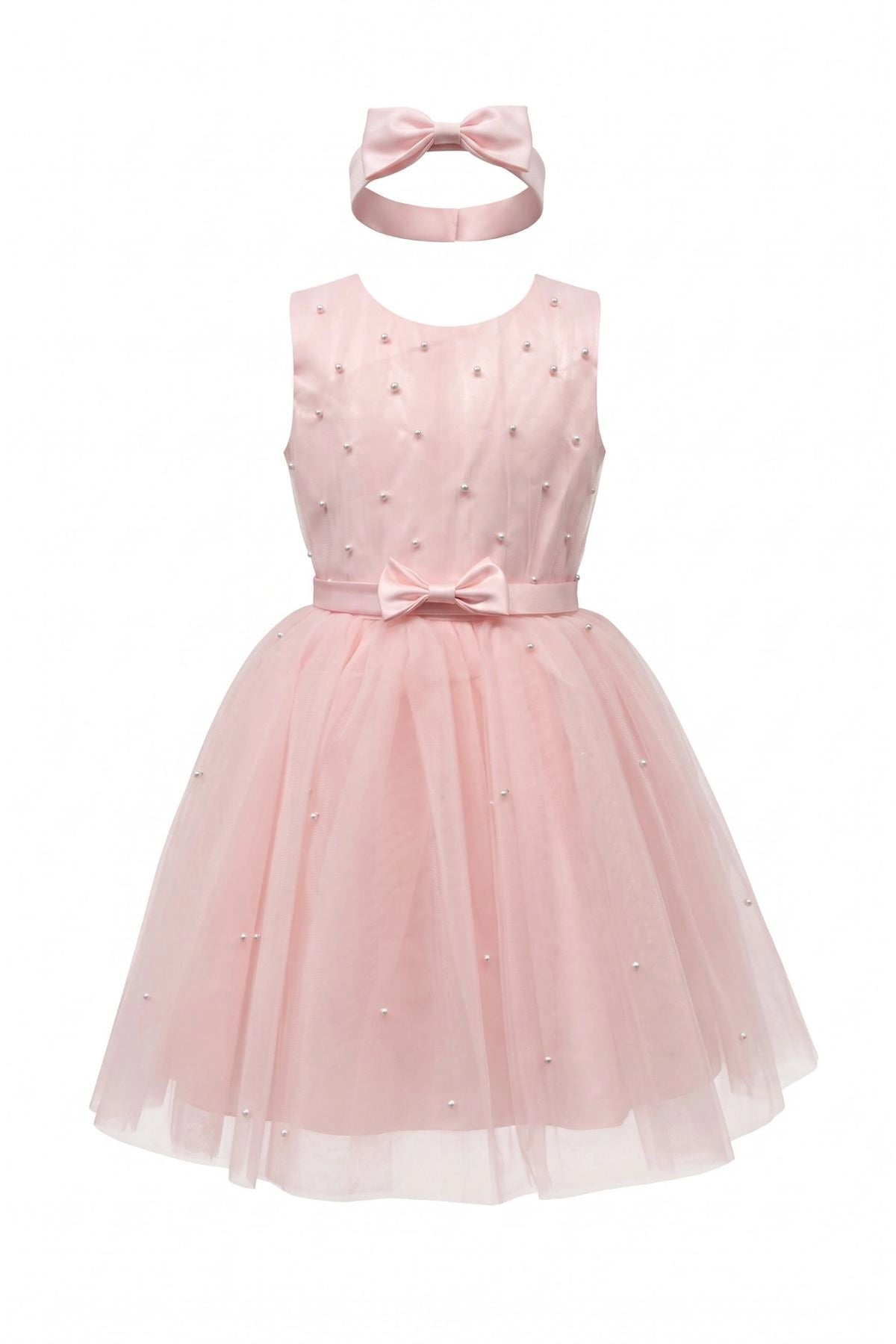 Layered shaping highlights pearl accents across the bodice on the Pink kids dress.