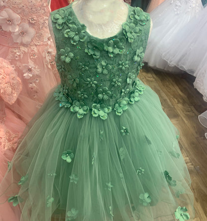 Sage Kid Sleeveless 3D flowers Elegant Tulle Flower Girl Dress  | Amelia dress sage real color