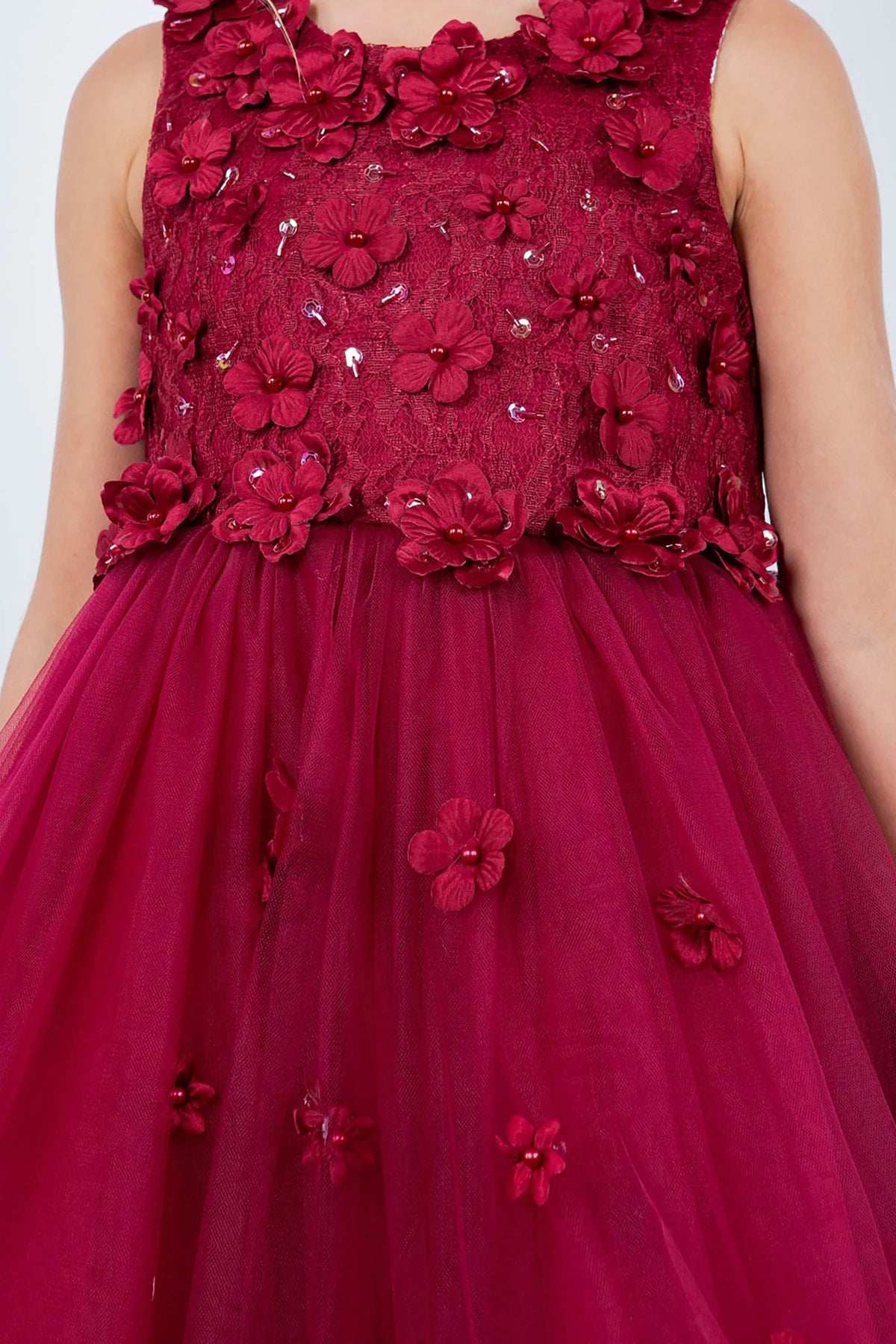 Burgundy floral flower girl dress.