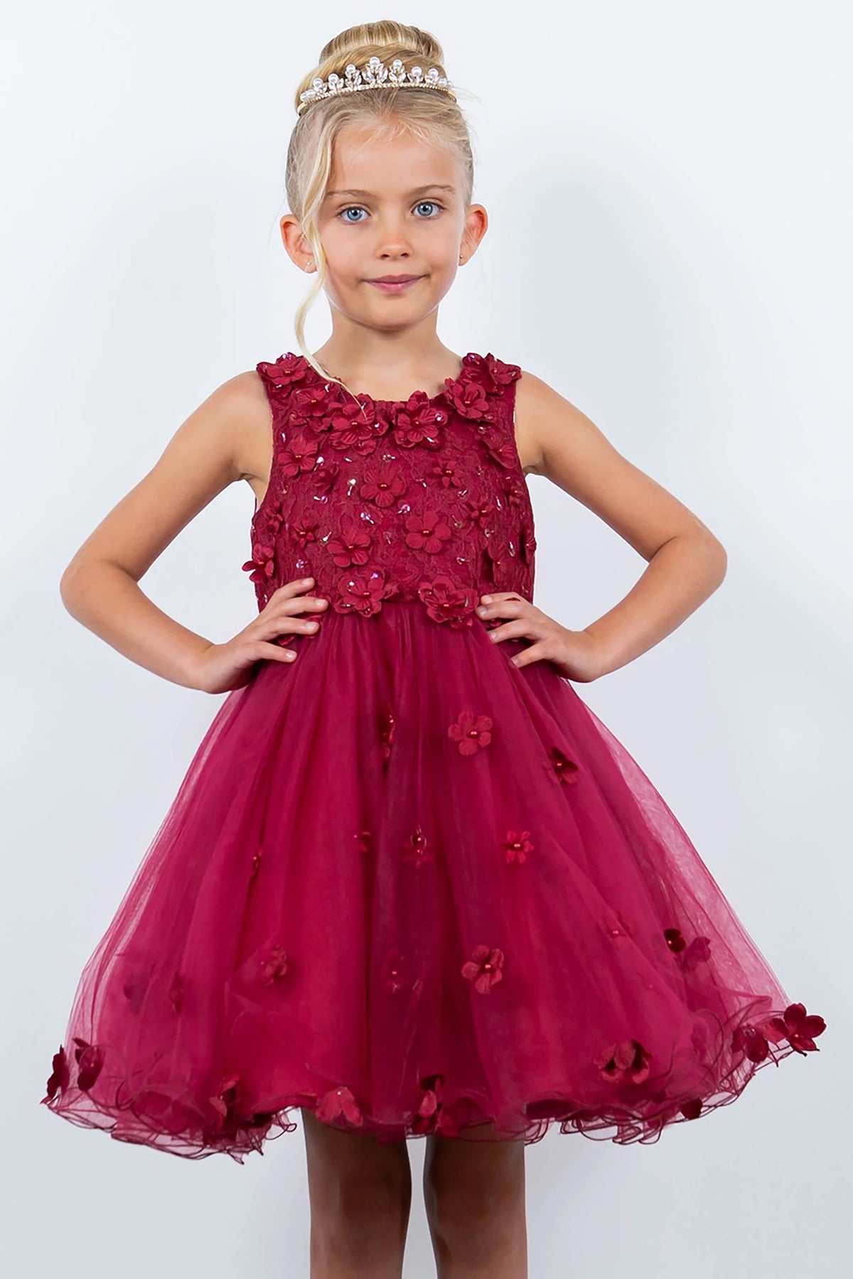 A burgundy floral flower girl dress.