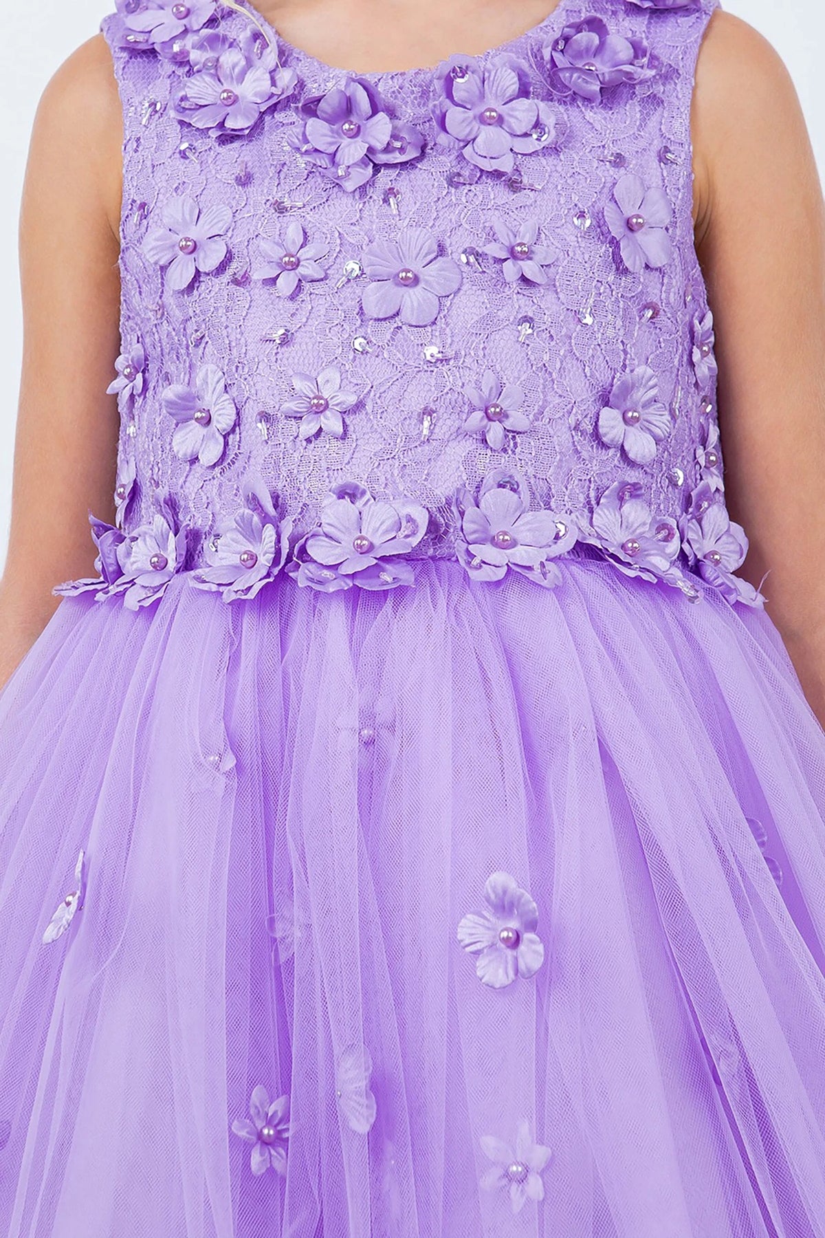 Front view of purple Lilac Kid Sleeveless 3D flowers Elegant Tulle flower girl dress.
