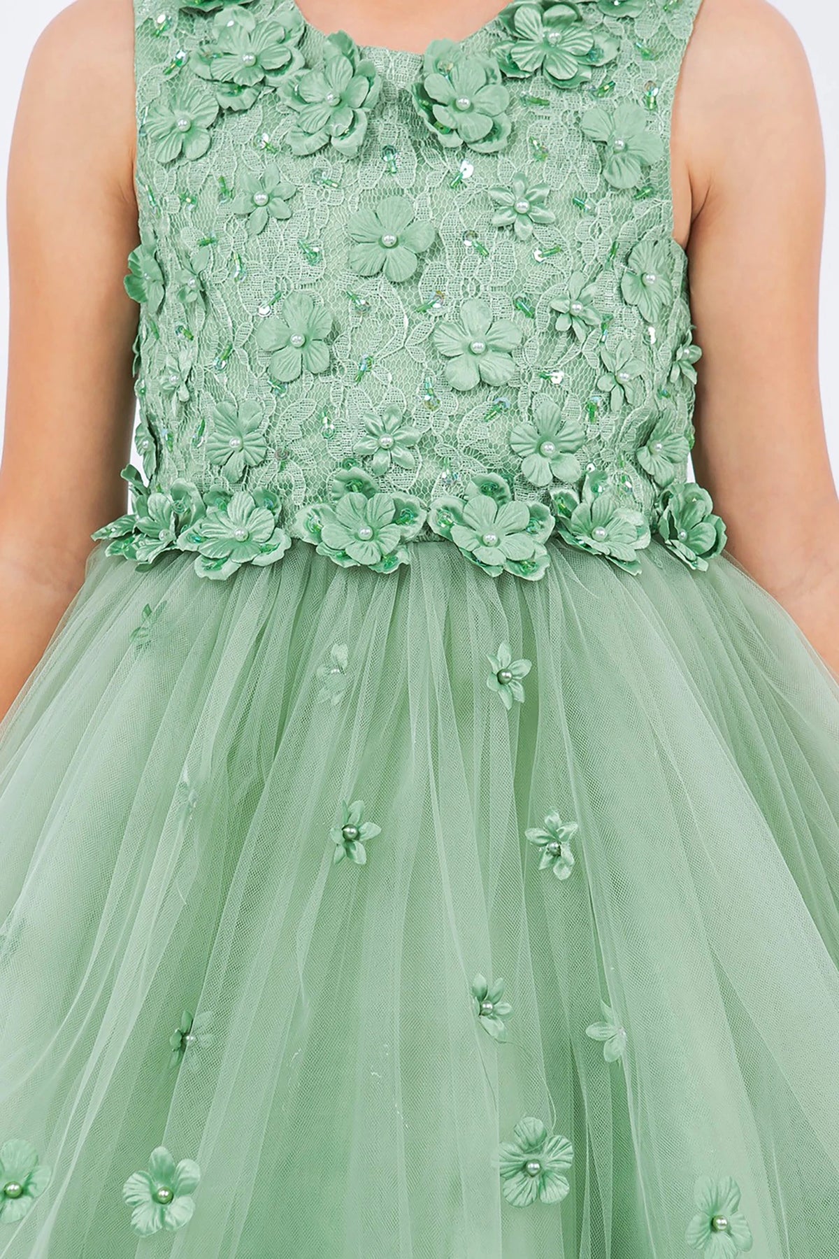 sage floral flower girl dress with a close-up of the top and skirt.