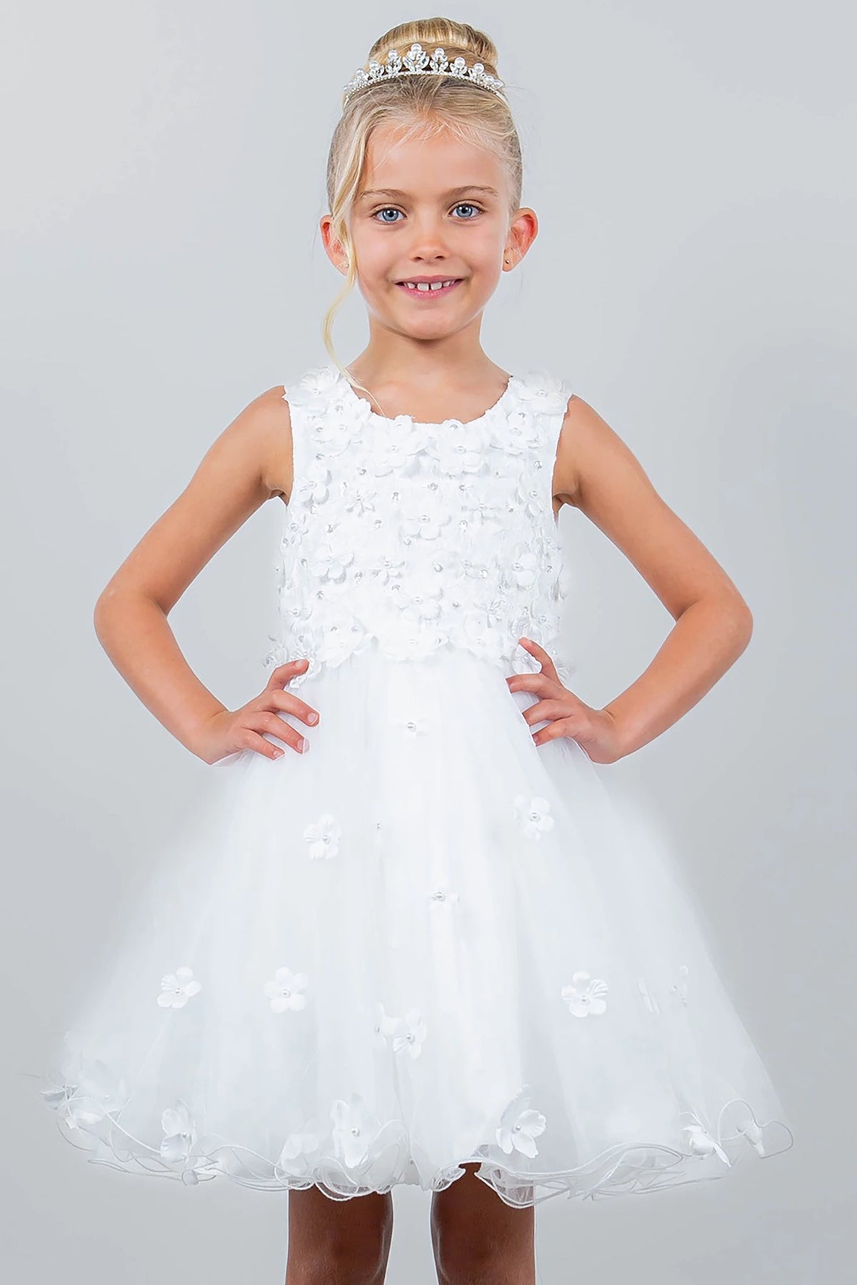 A white floral flower girl dress.