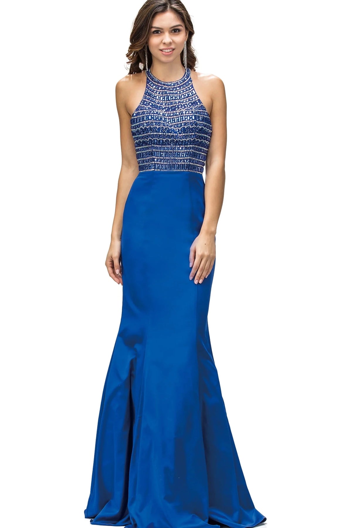 Featuring a floor-length skirt, this Royal Blue prom dress is shown in full view.