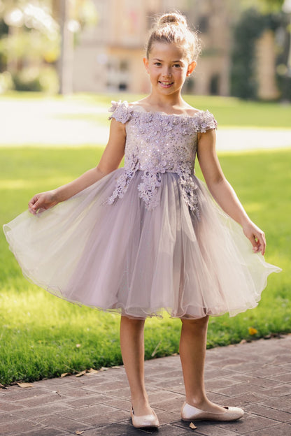 Mauve Off the shoulder Embedded 3D Floral & Rhinestones Sparkling Glitter Tulle Flower Girl Dress - front view of girl wearing dress smiling holding skirt