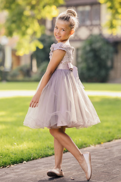 Mauve Off the shoulder Embedded 3D Floral & Rhinestones Sparkling Glitter Tulle Flower Girl Dress - back 3/4 view of girl wearing dress