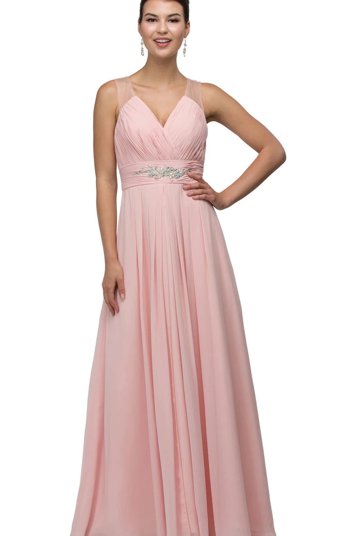 Featuring a pleated V-neck bodice, this Blush prom dress shows an embellished waist.