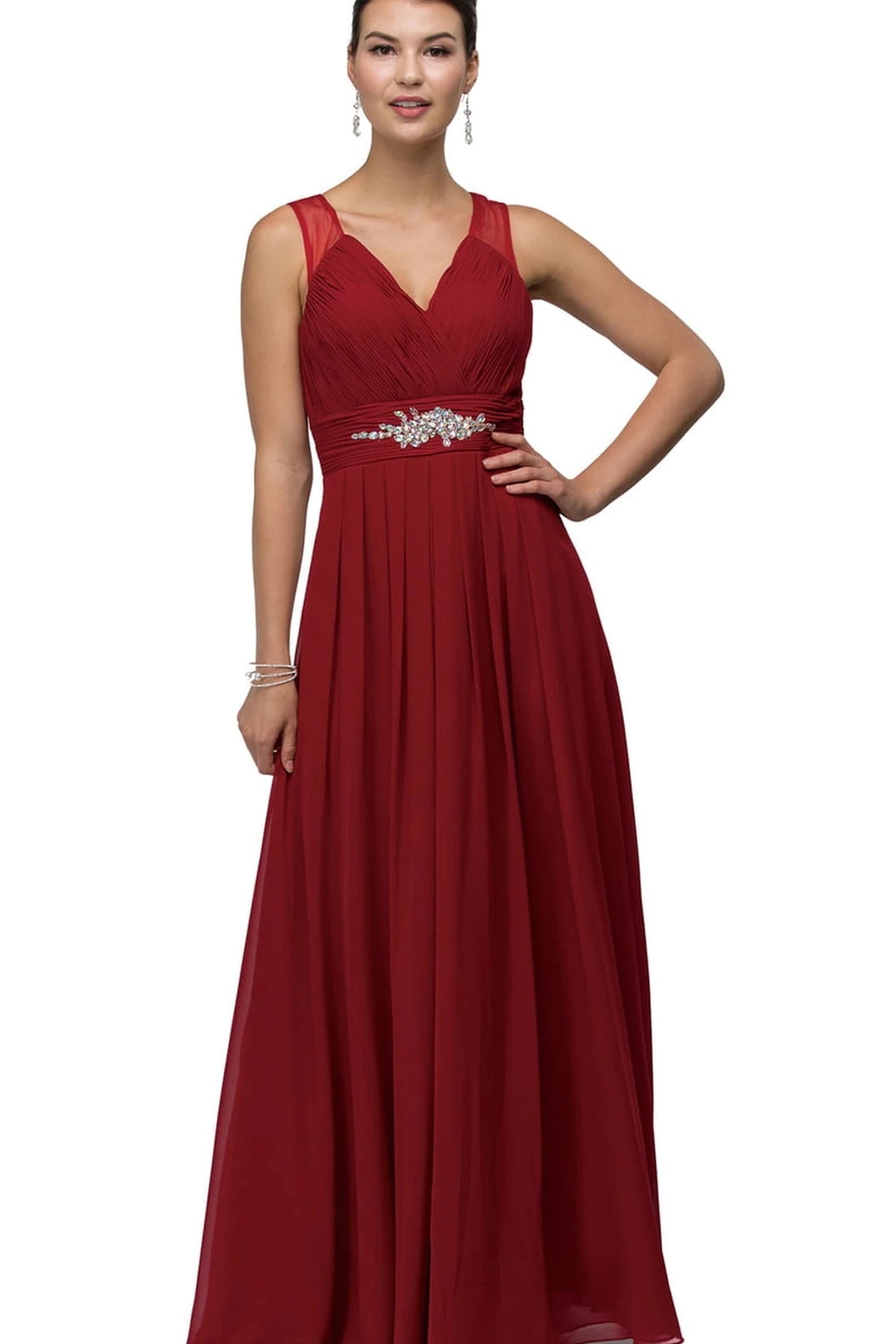 Featuring a pleated V-neck bodice, this Burgundy prom dress shows an embellished waist.