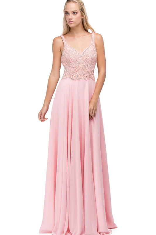 Featuring a floor-length skirt, this Blush prom dress is shown in full view.