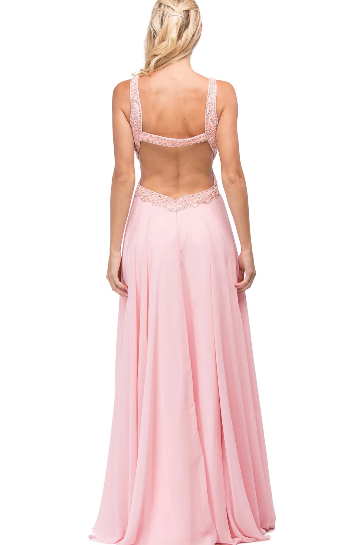 Highlighting the floor-length skirt, this view presents the Blush prom dress.