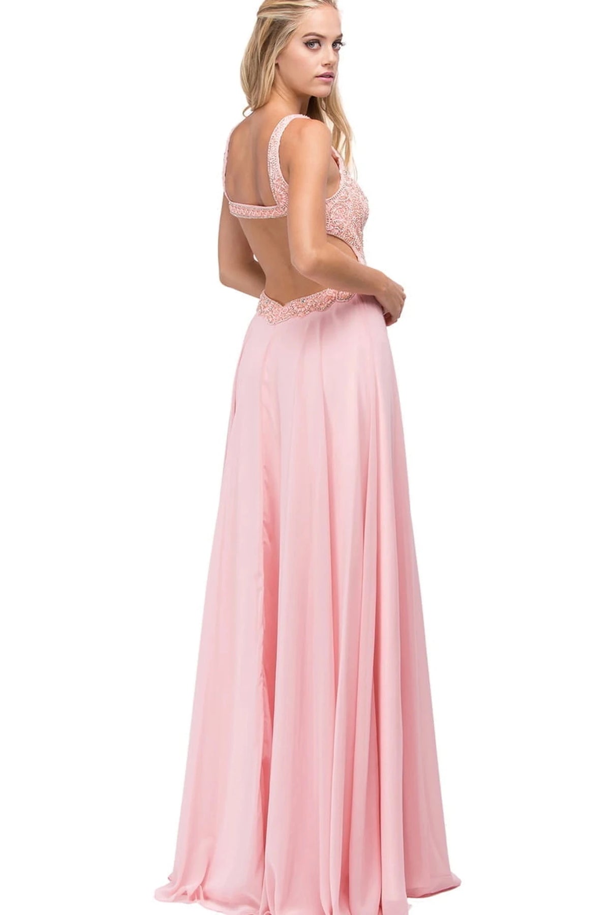 From the front, the Blush prom dress reveals its floor-length skirt.