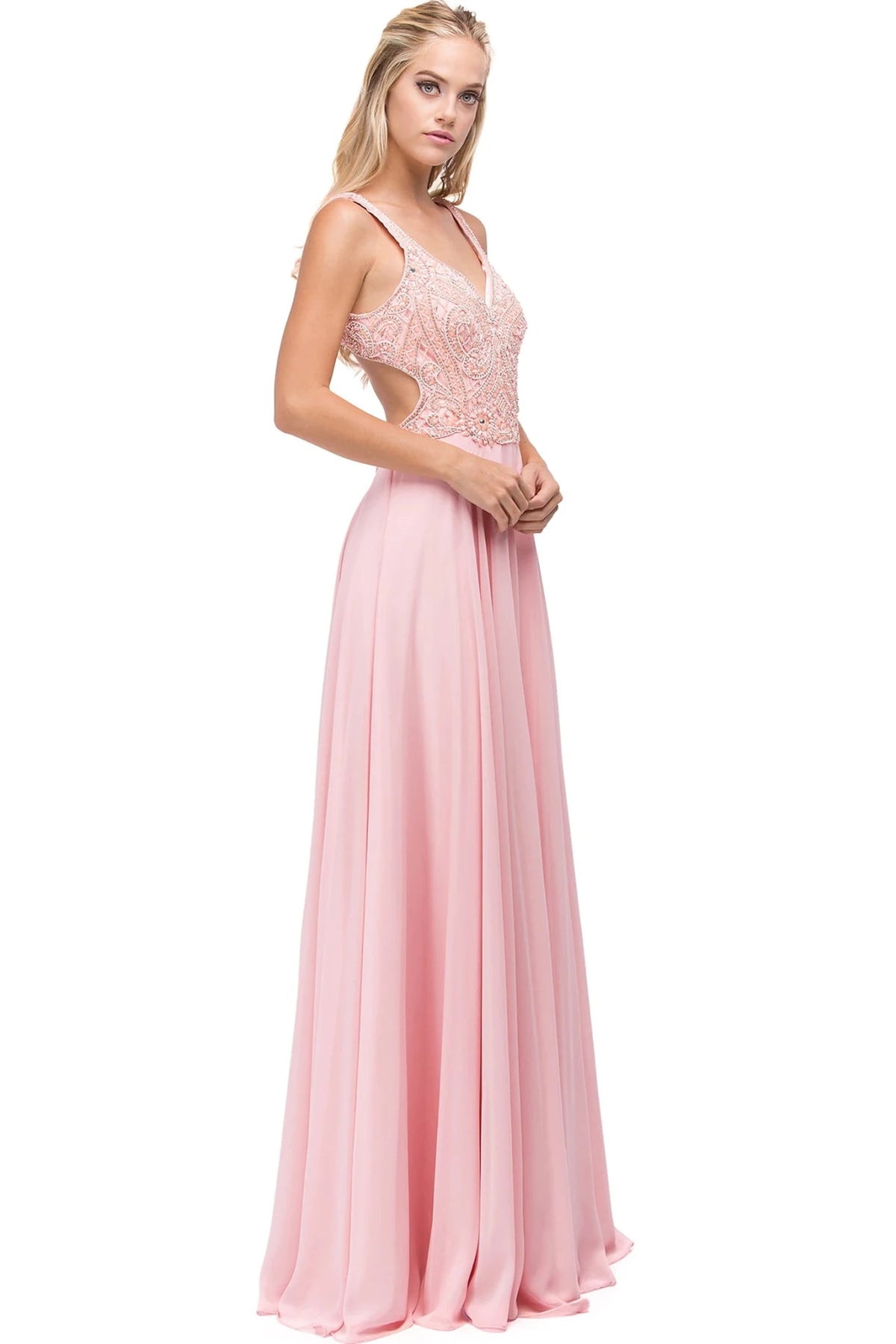 Showing its floor-length skirt, the Blush prom dress highlights the garment construction.