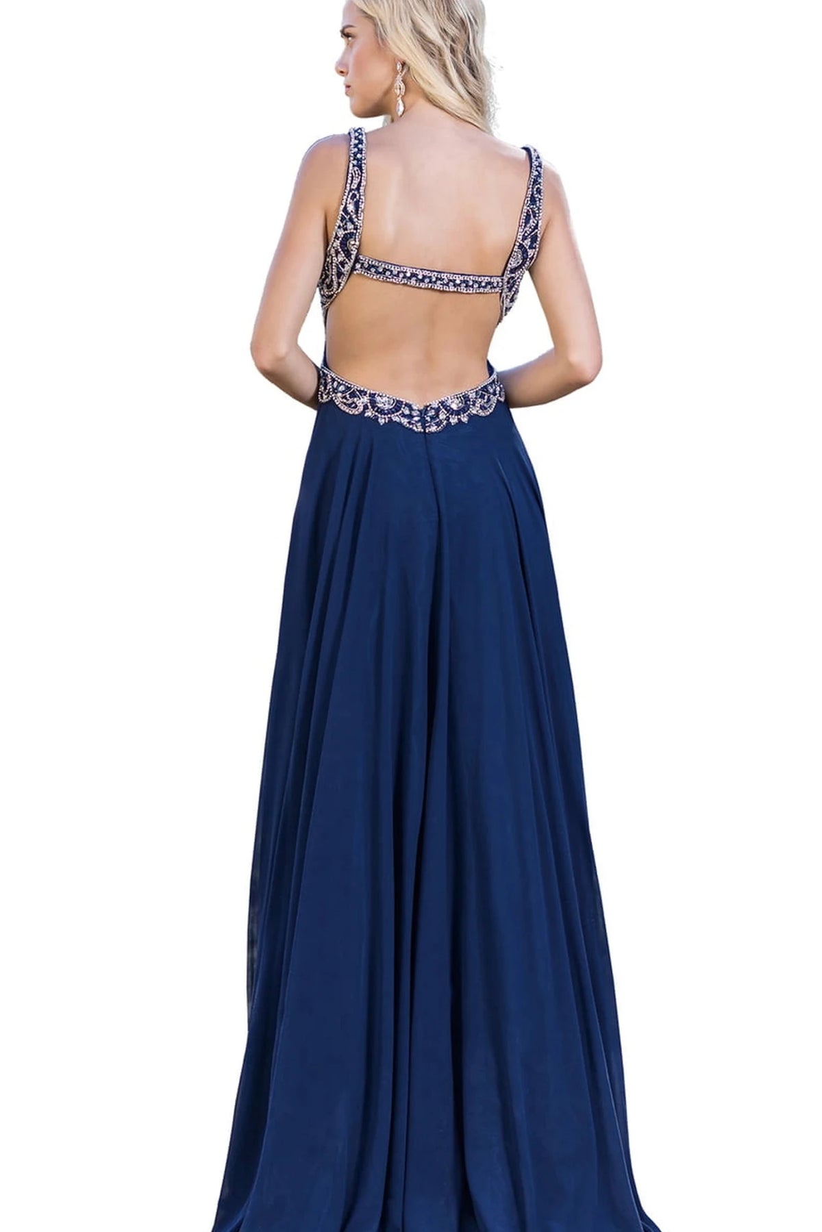 With its floor-length skirt visible, the Blush prom dress displays another design detail.