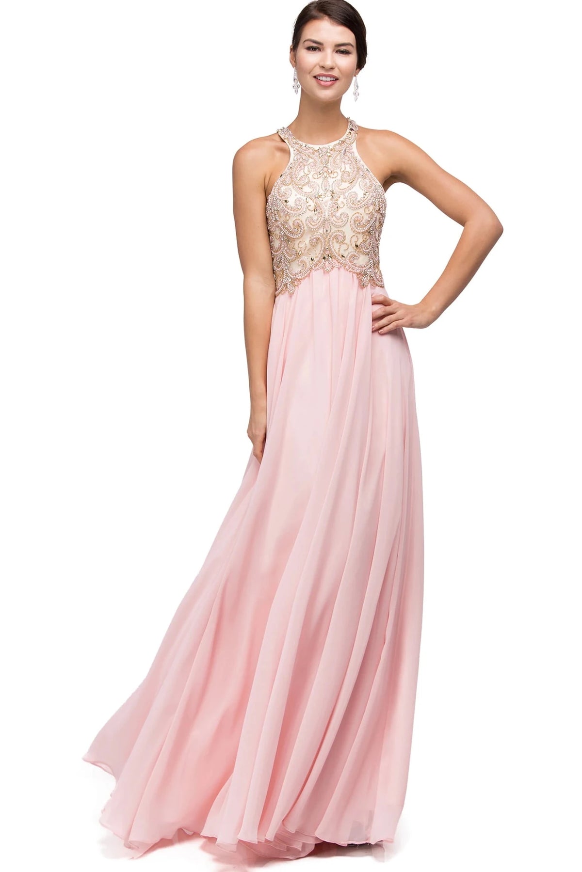 Featuring a floor-length skirt, this Blush prom dress is shown in full view.